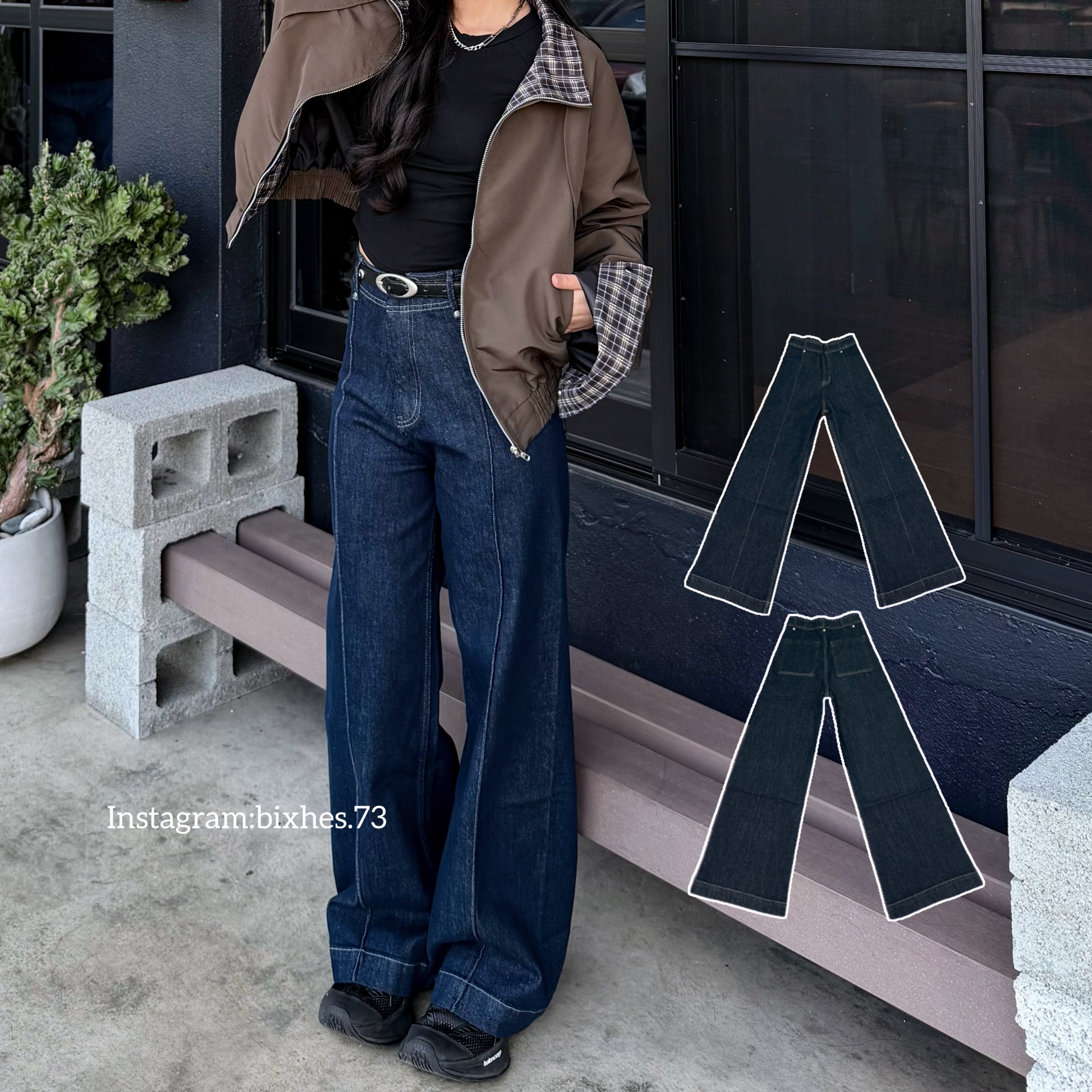 復古深藍縫線牛仔寬褲(E00068)