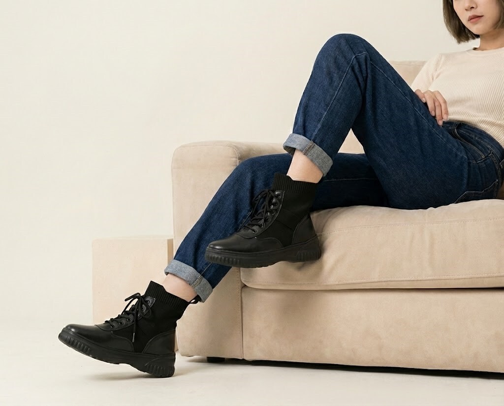 Sanly Joy 克洛伊短靴寬褲穿搭教學，示範褲管捲起露出襪子的黃金比例，3cm 微厚底設計搭配直筒褲修飾腿型，避免褲腳堆積顯矮的 NG 穿法。