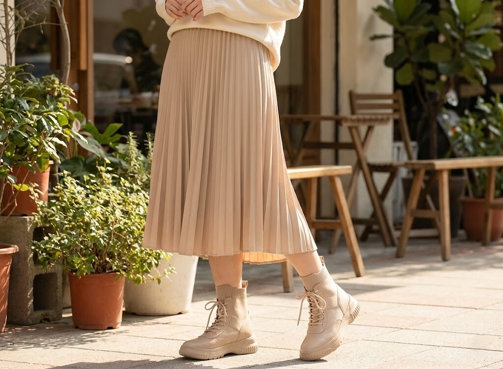 長裙搭配短靴技巧示範，Sanly Joy 克洛伊真皮短靴搭配過膝裙，保留裙擺與靴口間的距離製造空氣感，3cm 舒適厚底讓下半身比例更輕盈修長。