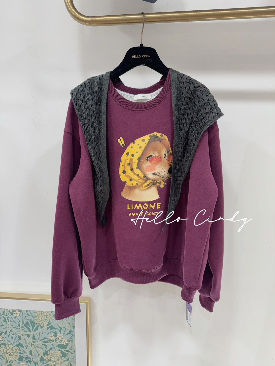 B01144 時尚紫色頭巾狗狗附手勾披肩大學T