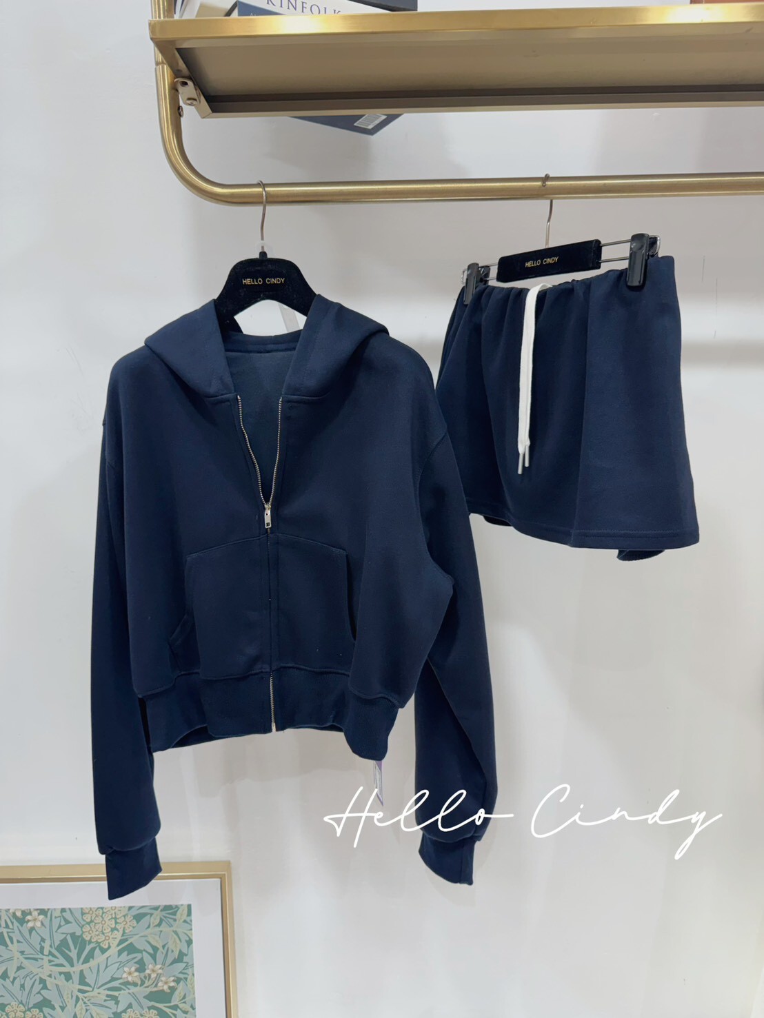 B01128 Cindy自留美式微辣款～深藍太空棉質連帽夾克+超短褲裙組