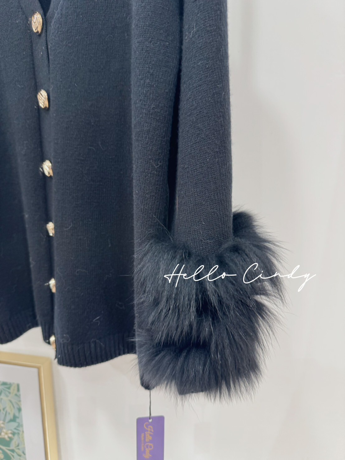 B01122 手袖狐狸毛金釦長版針織外套（附腰帶）