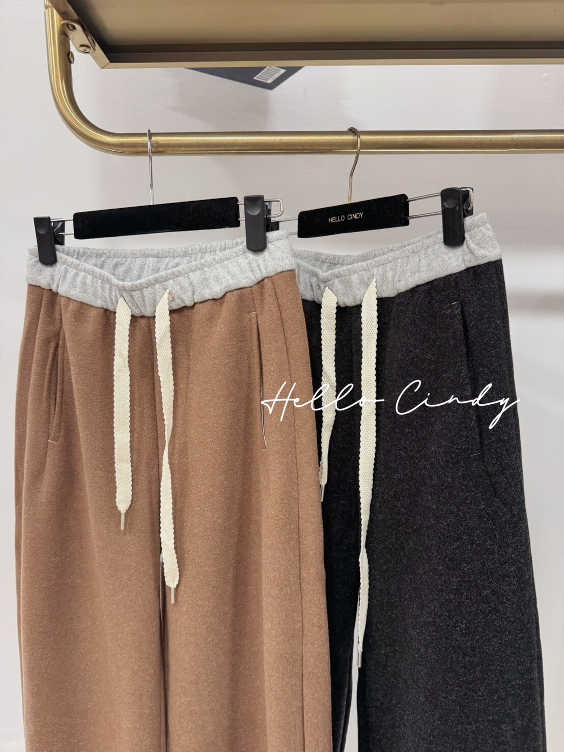 B01018 超顯瘦腰頭撞色綁帶毛呢寬褲