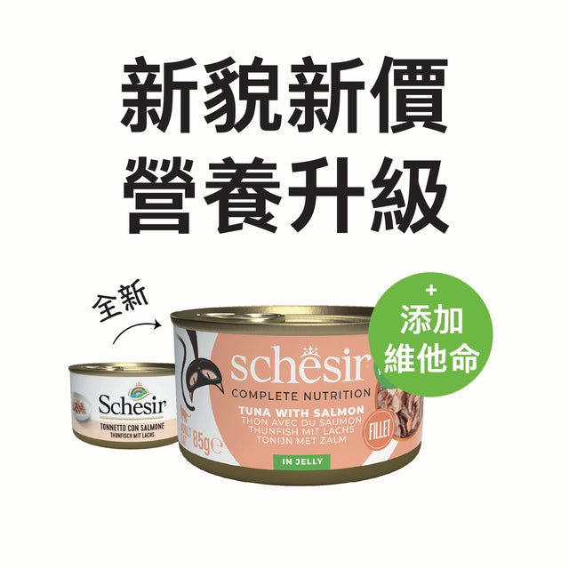 [斷貨中] Schesir -啫喱主食罐系列- 吞拿魚三文魚飯 Tuna with Salmon in Jelly 85g (每24罐@$14.5, 48罐@$14可混其他同價Schesir罐)