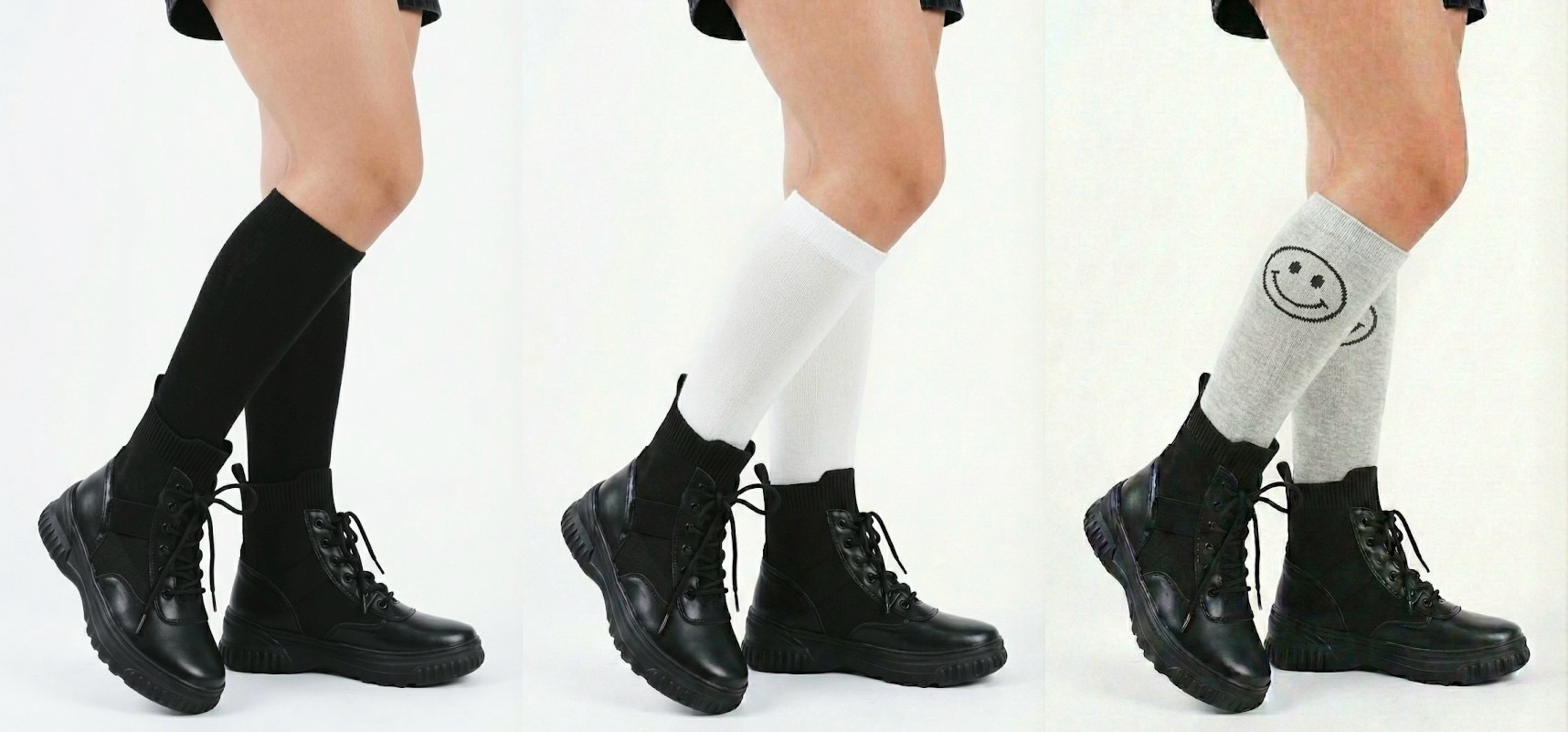 短靴襪子配色靈感，示範黑色中筒襪延伸腿長、白色襪子增加層次、條紋襪展現個性，教妳如何利用 Sanly Joy 克洛伊短靴玩轉襪子穿搭。