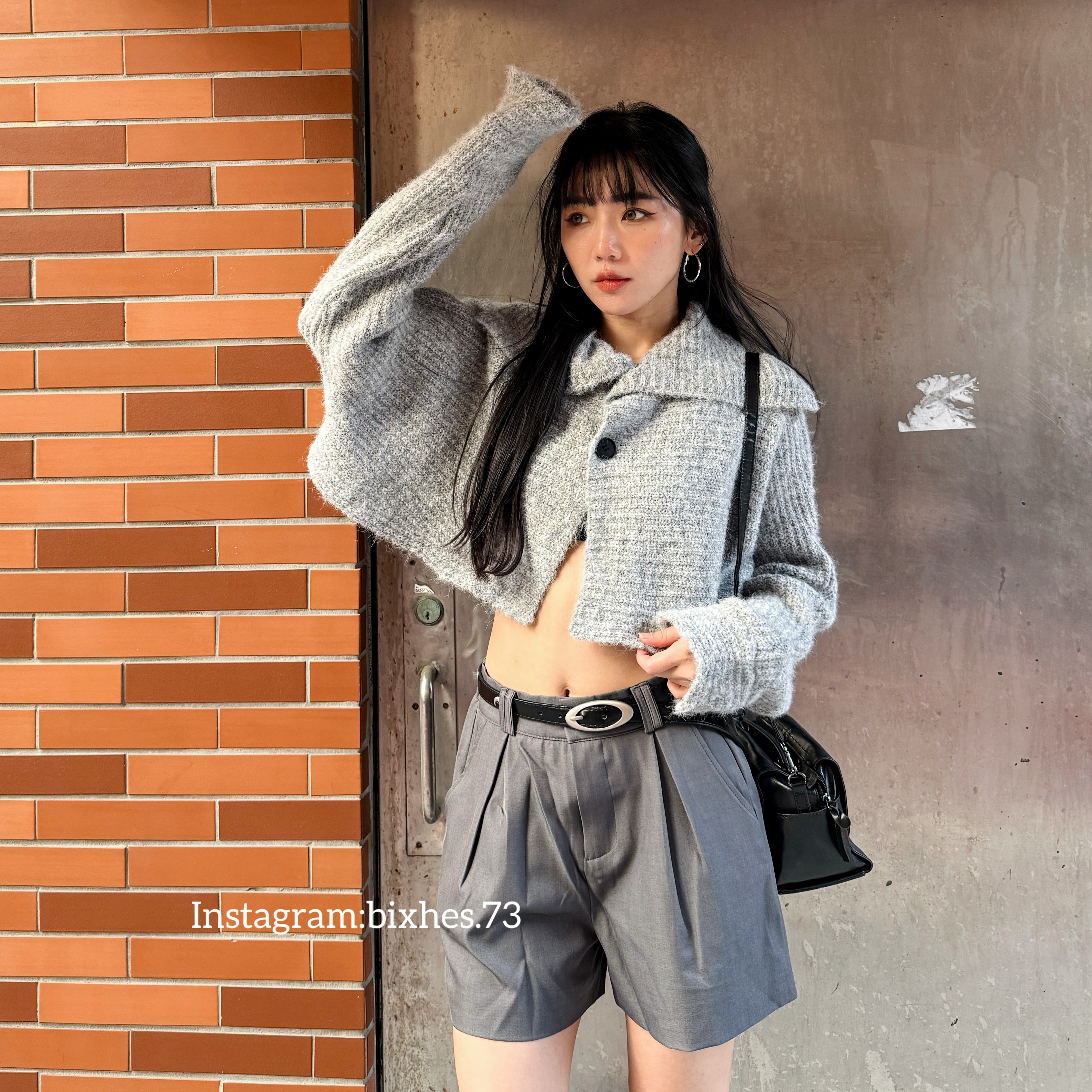 慵懶奶灰翻領針織長T(B00092)