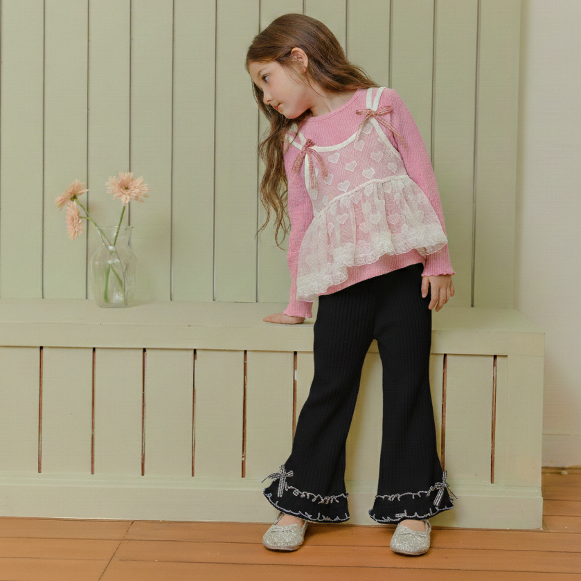 90-130 可愛捲邊緞帶喇叭褲 3色