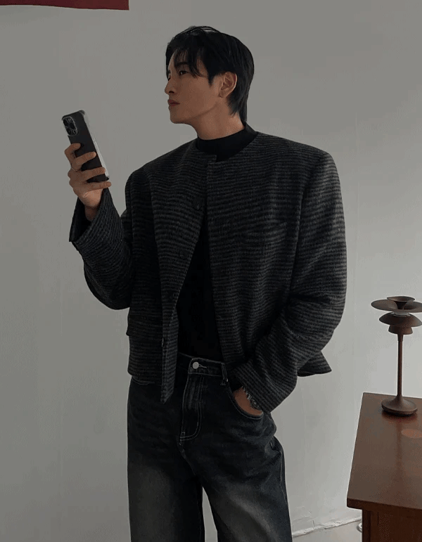 極簡格紋無領羊毛夾克