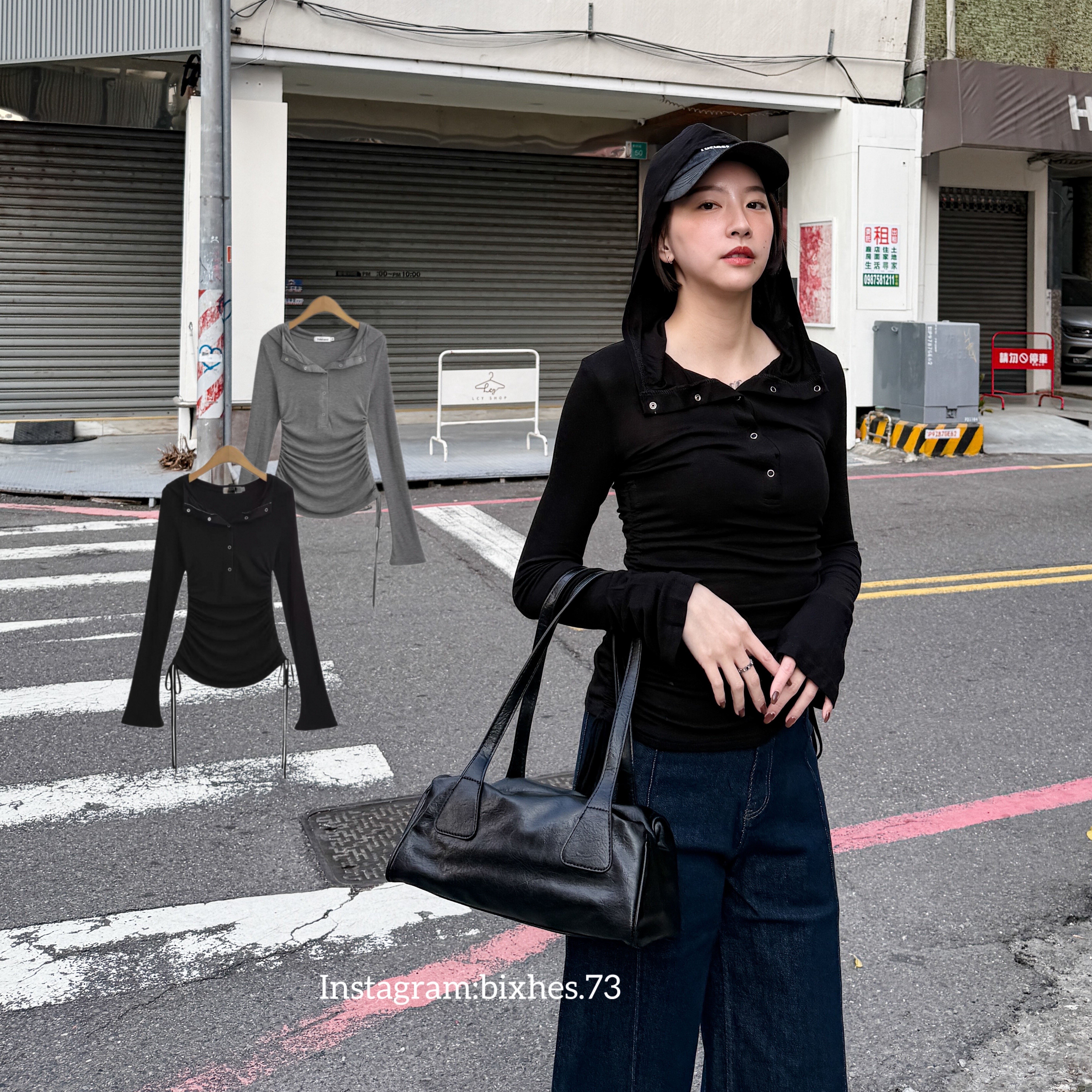 連帽側皺長袖長T(B00059)