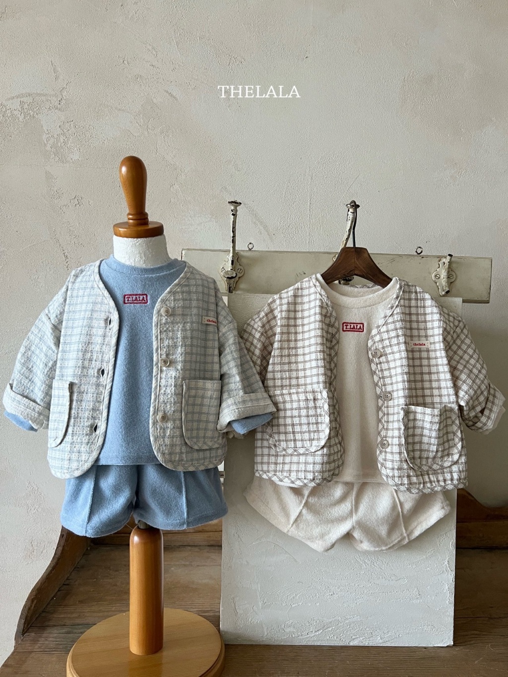 正韓春lalla 小童格紋雙口袋鈕扣外套