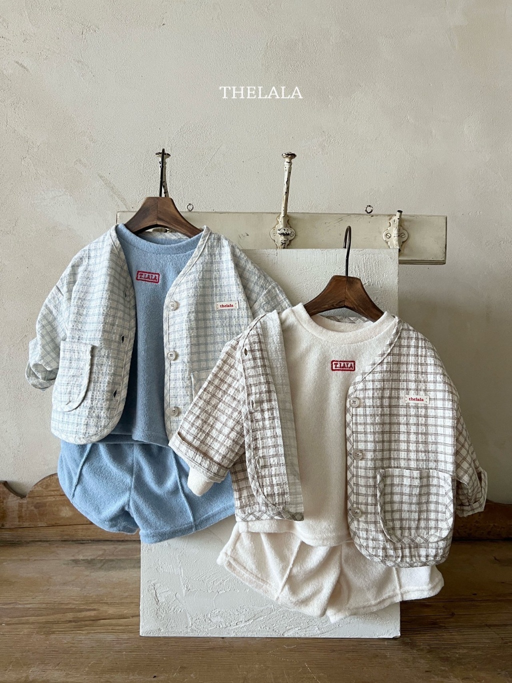 正韓春lalla 小童格紋雙口袋鈕扣外套