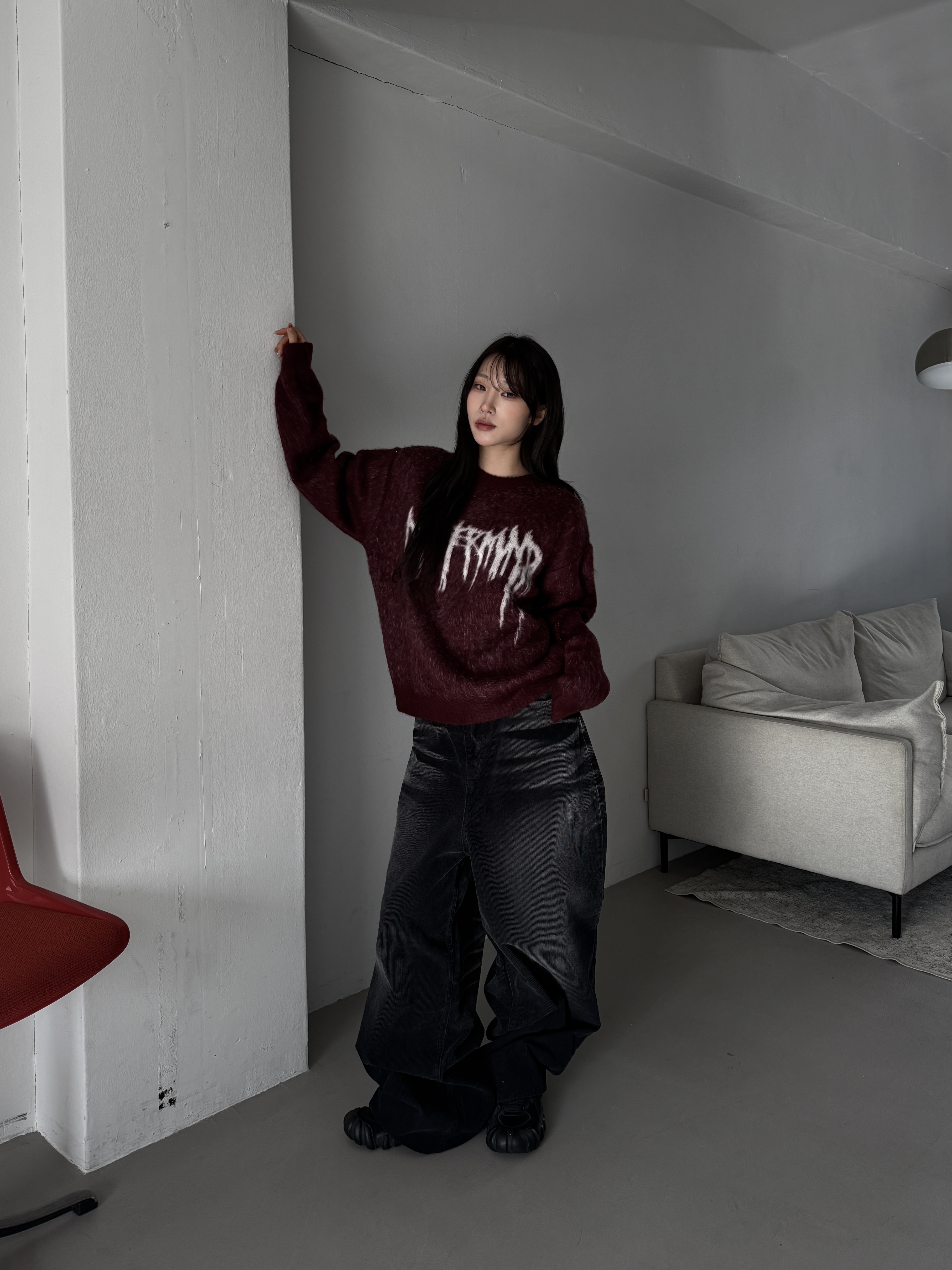 噴漆塗鴉 寬鬆短版馬海毛針織長袖（現貨）