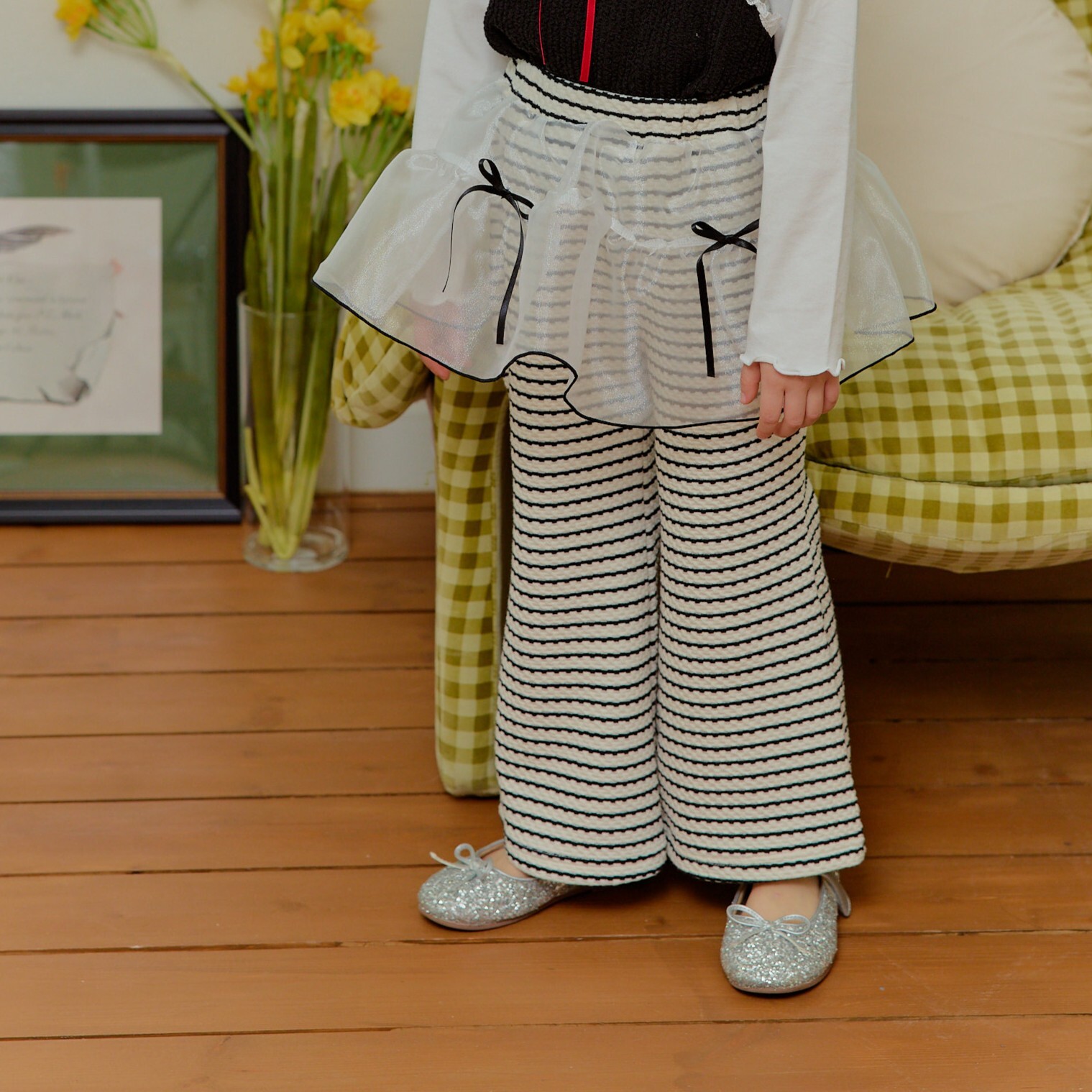 90-130 緞帶蕾絲條紋喇叭褲 2色