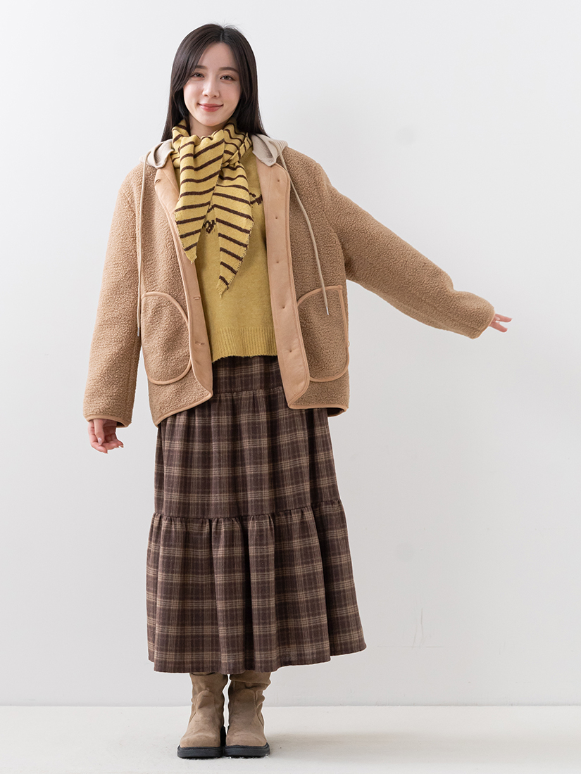 針織連帽外套條紋針織上衣法蘭絨蛋糕長裙組合