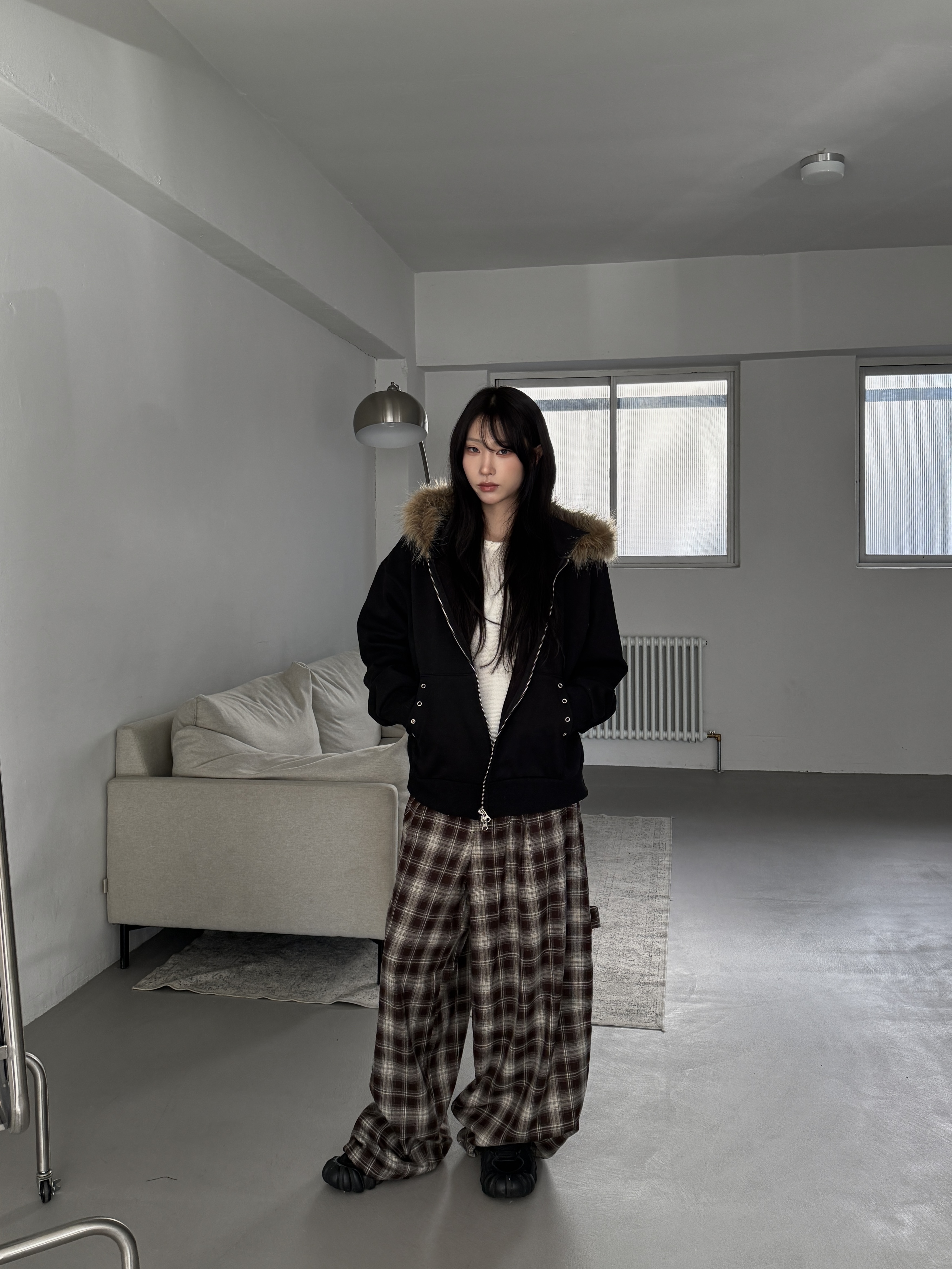 睡眠格紋造型 寬鬆落地長褲