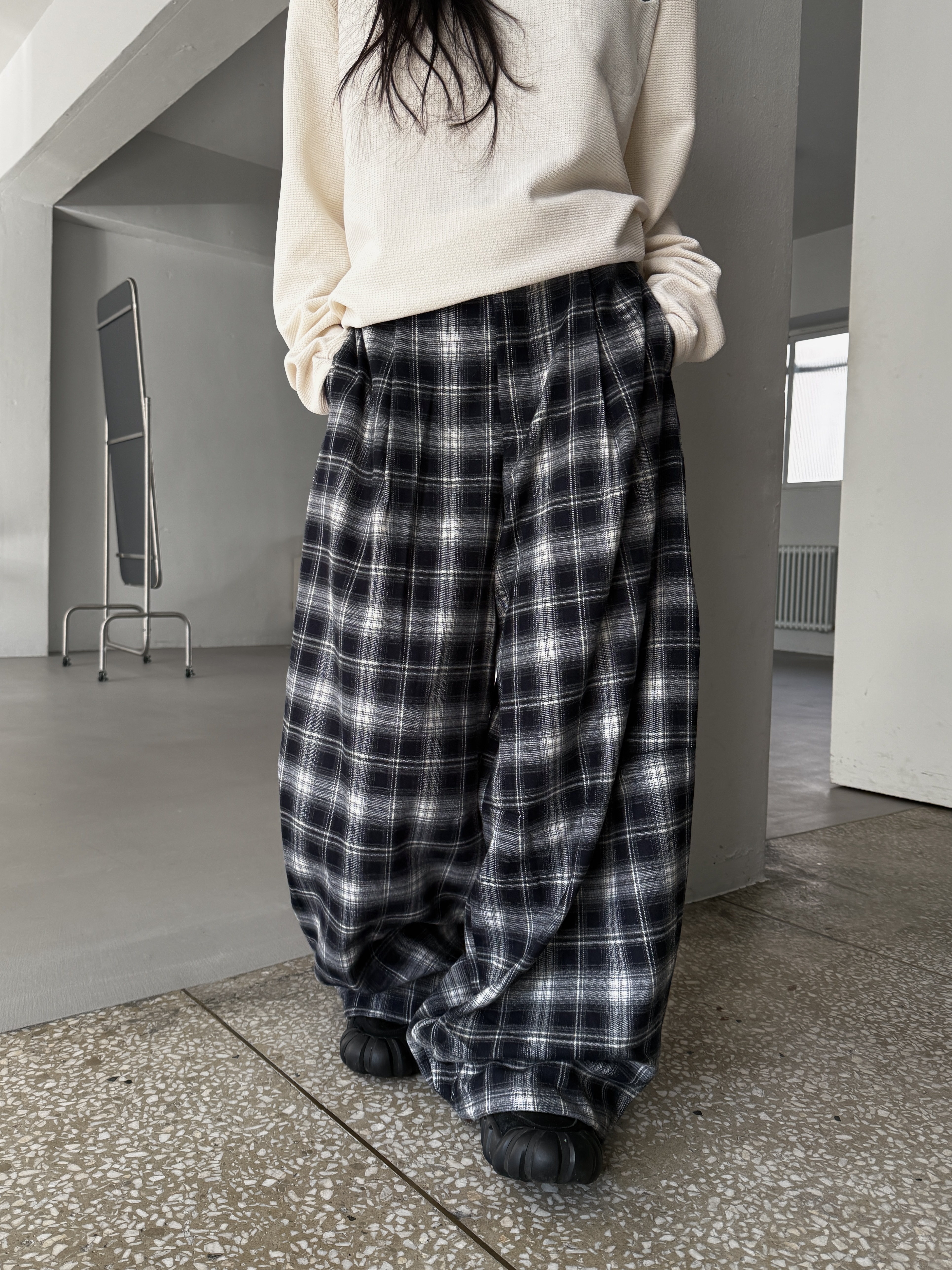 睡眠格紋造型 寬鬆落地長褲