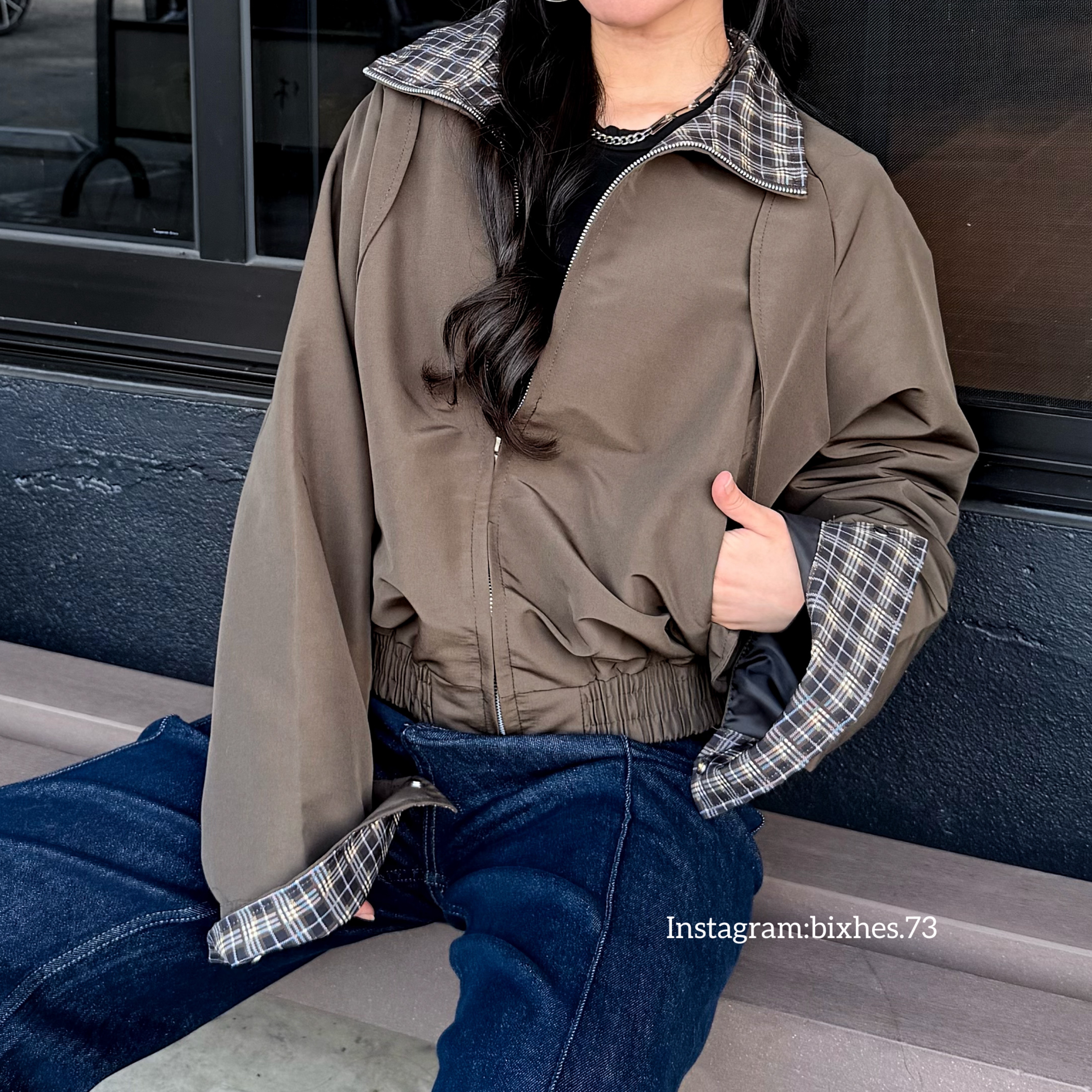 格紋拼接設計夾克外套(F00025)