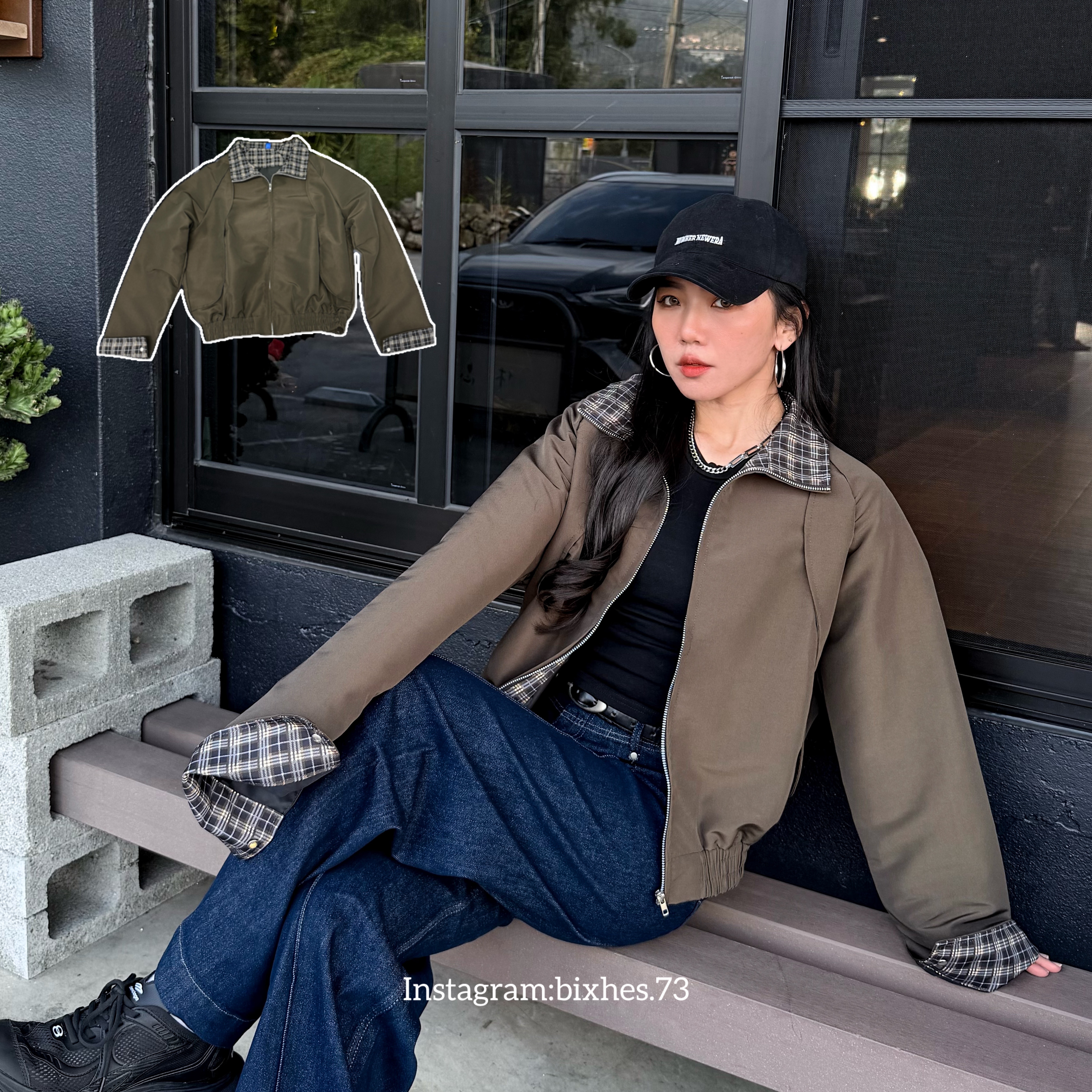 格紋拼接設計夾克外套(F00025)