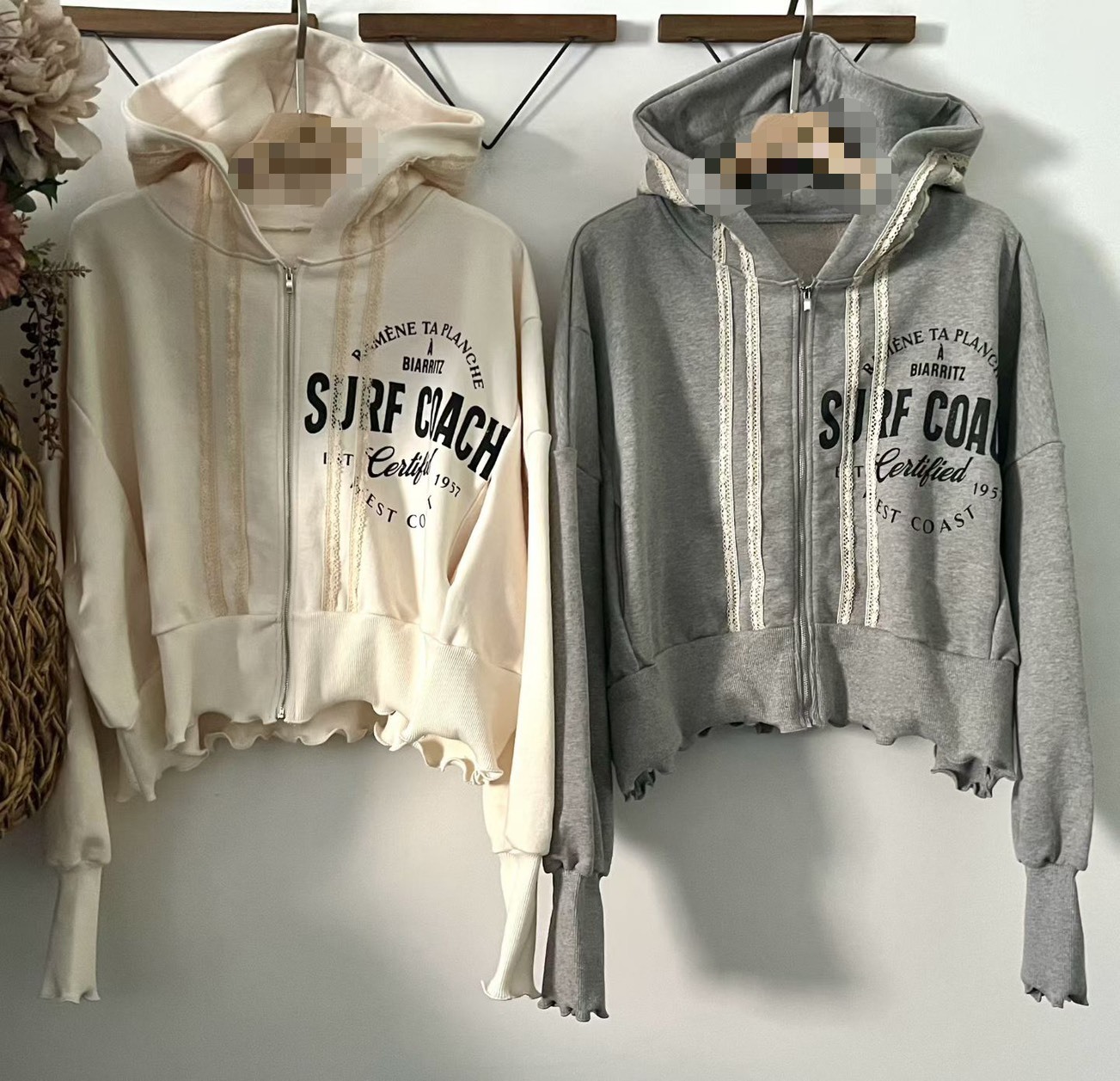 連帽縮袖蕾絲條棉外套  長褲(分售)