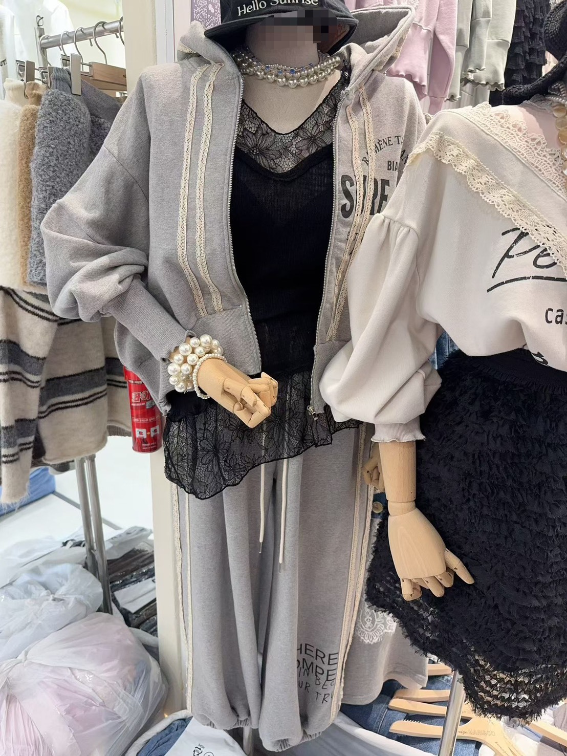 連帽縮袖蕾絲條棉外套  長褲(分售)