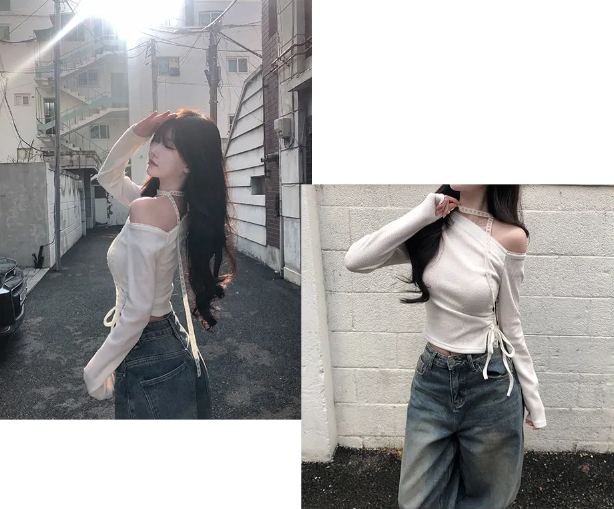 春季預訂｜單肩蕾絲褶皺上衣SET