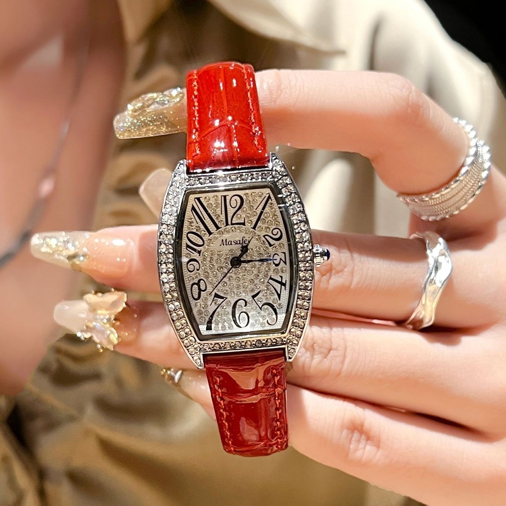 滿天星手錶 指針手錶 手錶 復古手錶 竹節紋皮革錶 皮革腕錶 女生手錶 石英錶 腕錶 酒桶型手錶 飾品 水鑽手錶 743