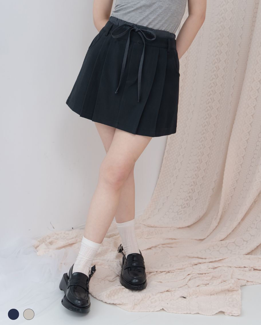 甜美雙腰頭抽繩百褶短裙