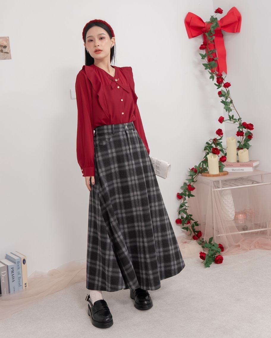 氣質毛呢格紋傘裙