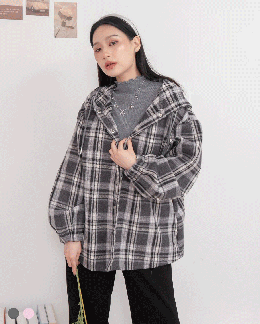休閒毛呢格紋連帽外套