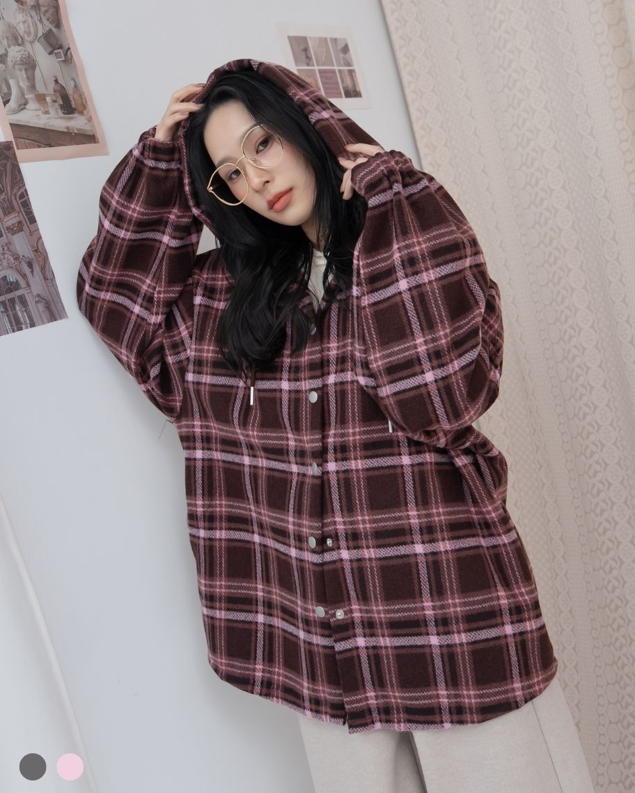 休閒毛呢格紋連帽外套