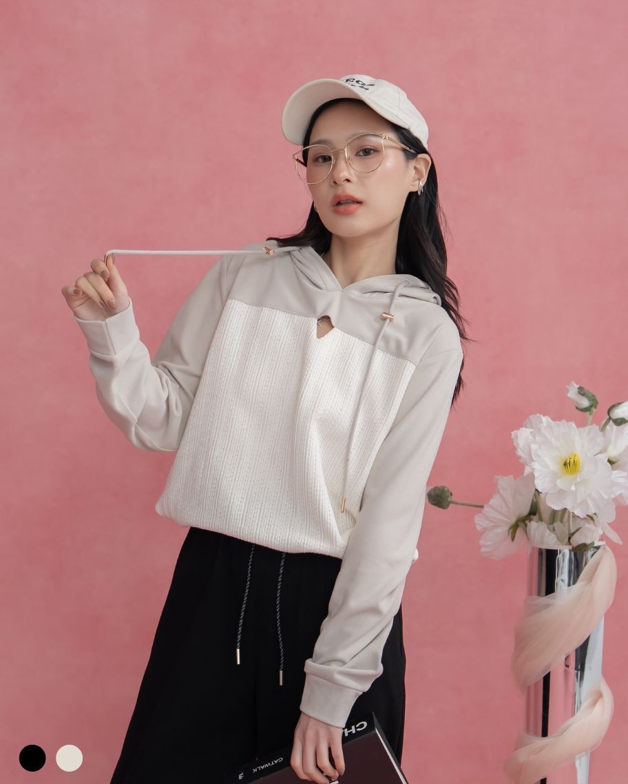 針織拼接簍空設計連帽上衣