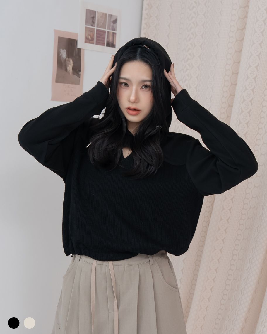 針織拼接簍空設計連帽上衣