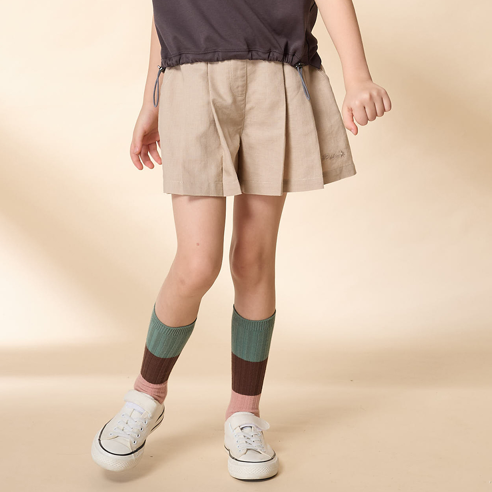 PIPPY 典雅素面棉麻打摺寬口褲裙 卡其