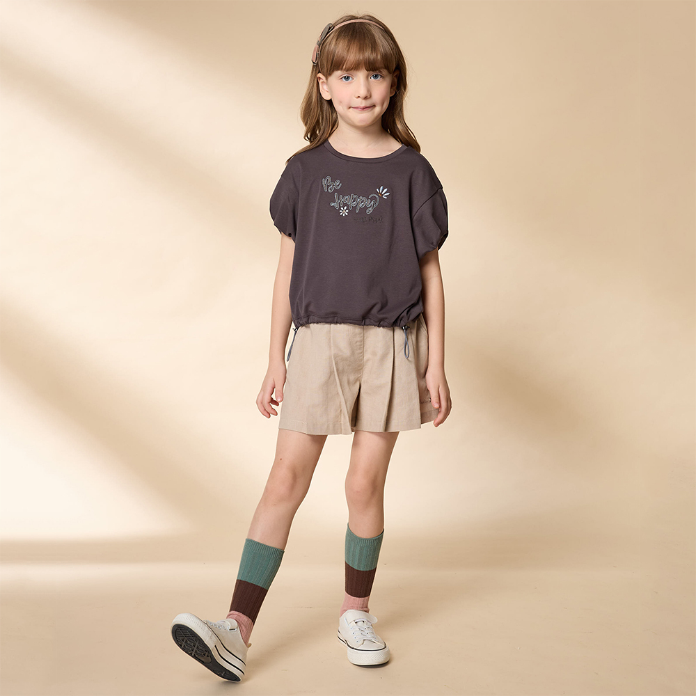 PIPPY 典雅素面棉麻打摺寬口褲裙 卡其