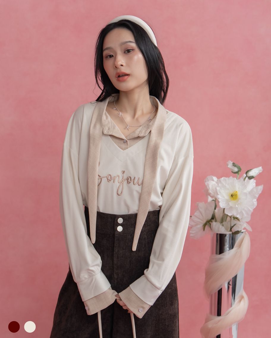 撞色綁帶燈芯絨英文刺繡上衣