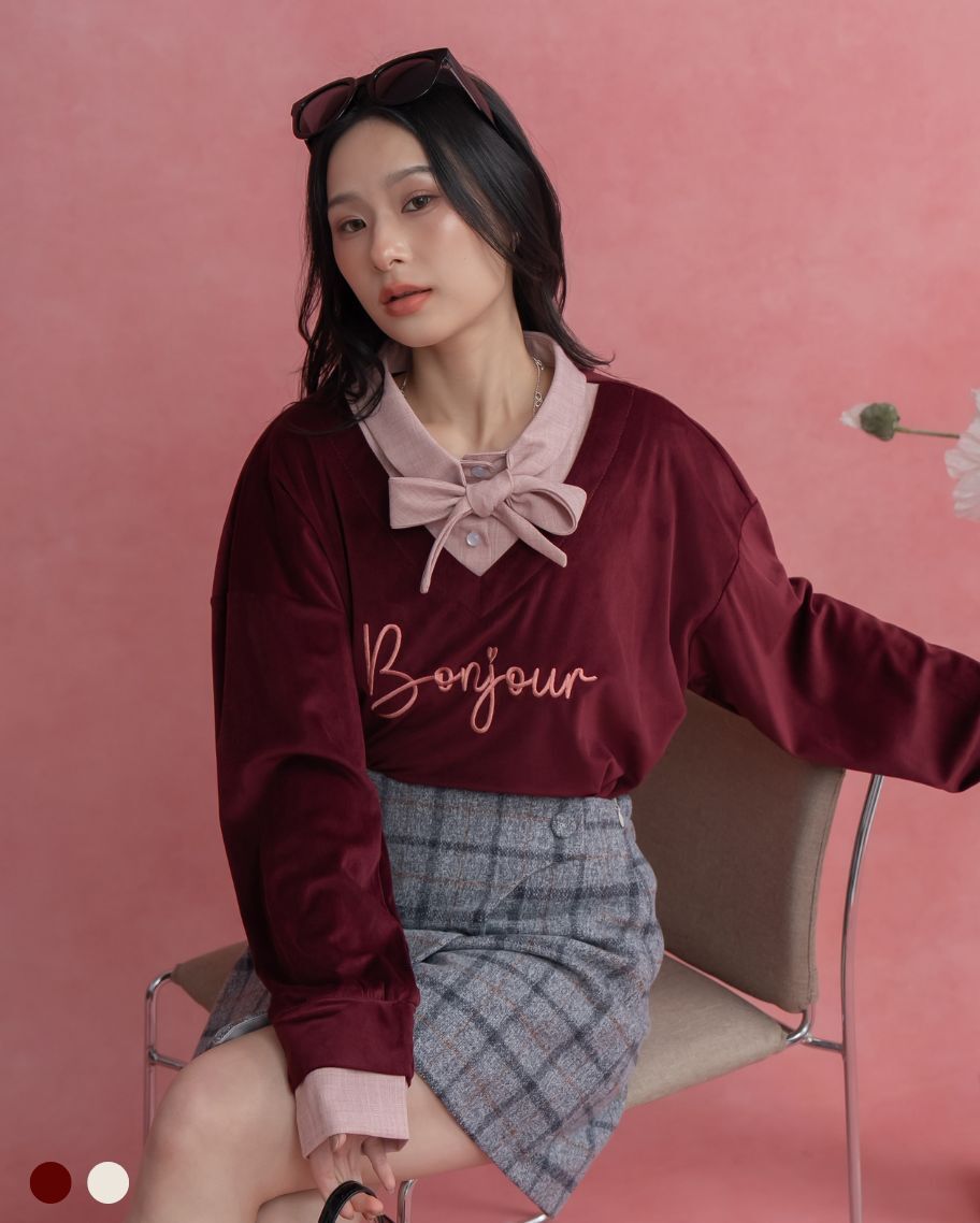 撞色綁帶燈芯絨英文刺繡上衣