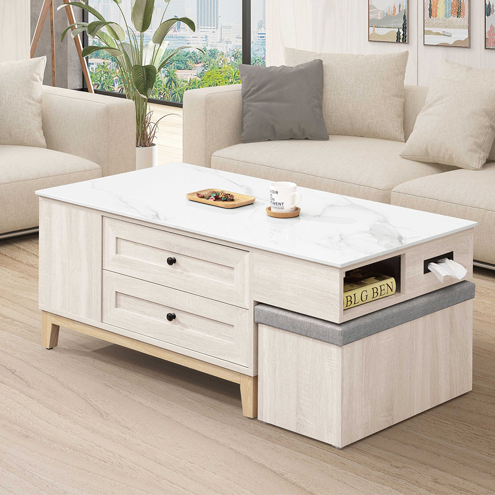 妮塔4尺四抽岩板大茶几-附收納椅凳