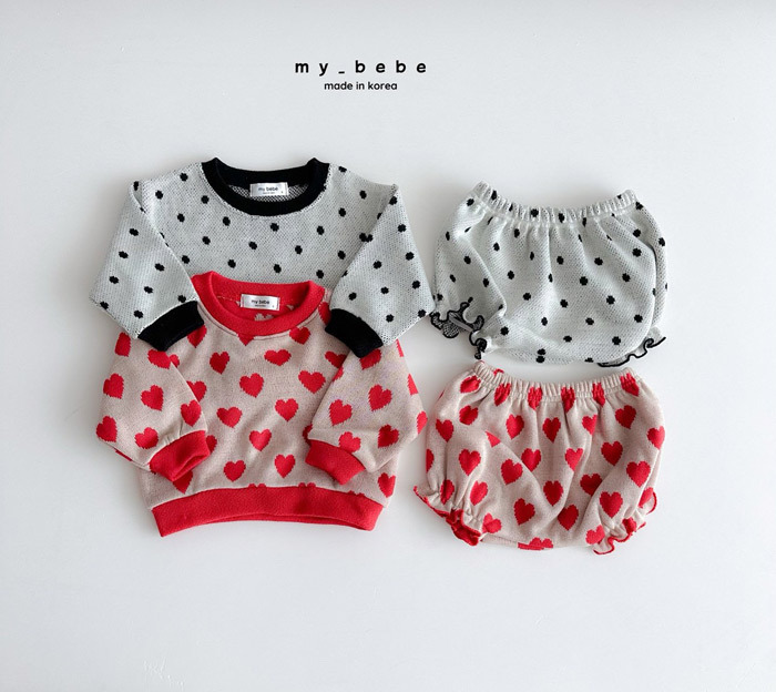 正韓春My bebe 兩色點點/愛心花苞褲套裝