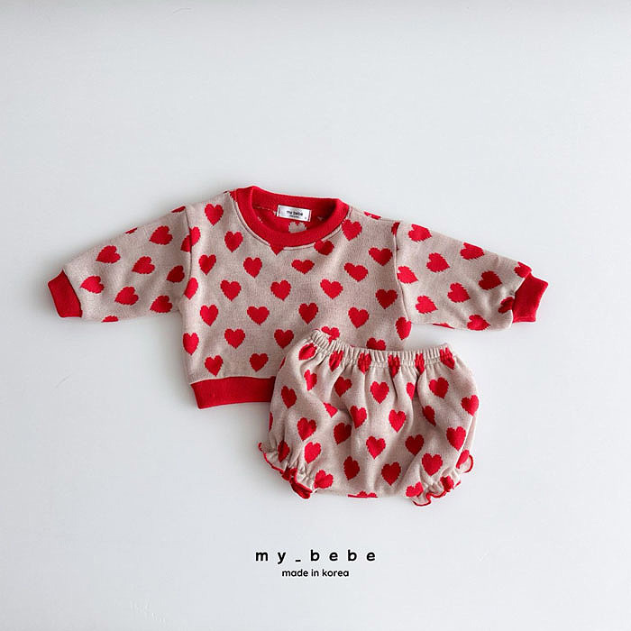 正韓春My bebe 兩色點點/愛心花苞褲套裝