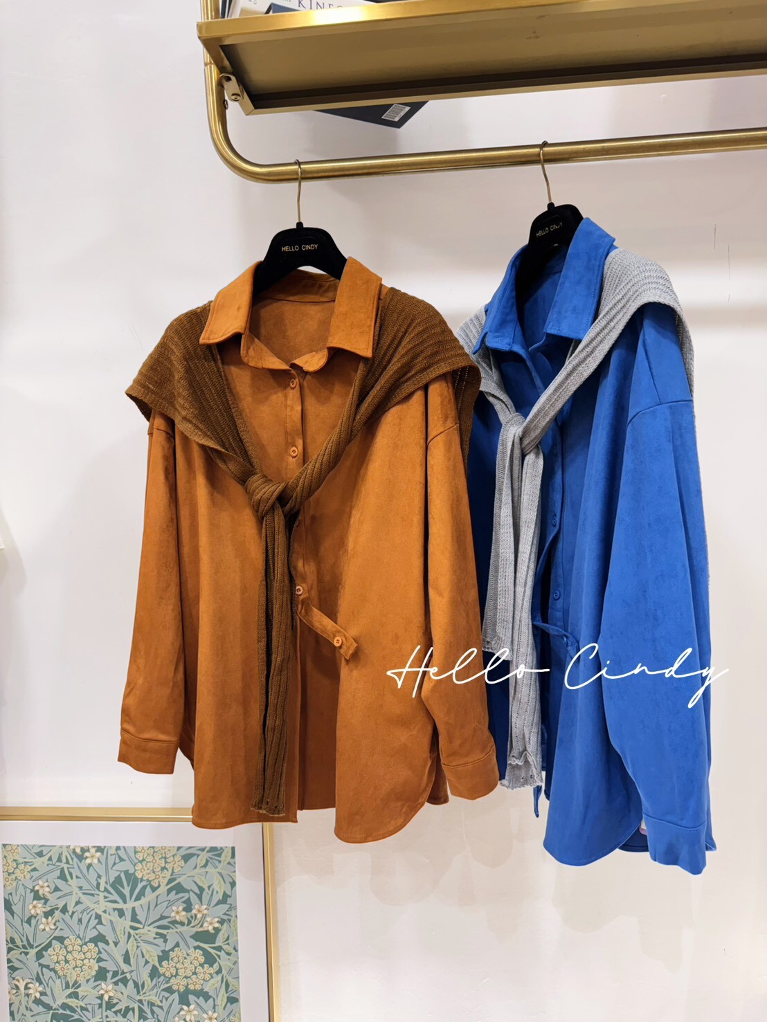 B01117 歐美感附針織披肩的麂皮感兩件式襯衫