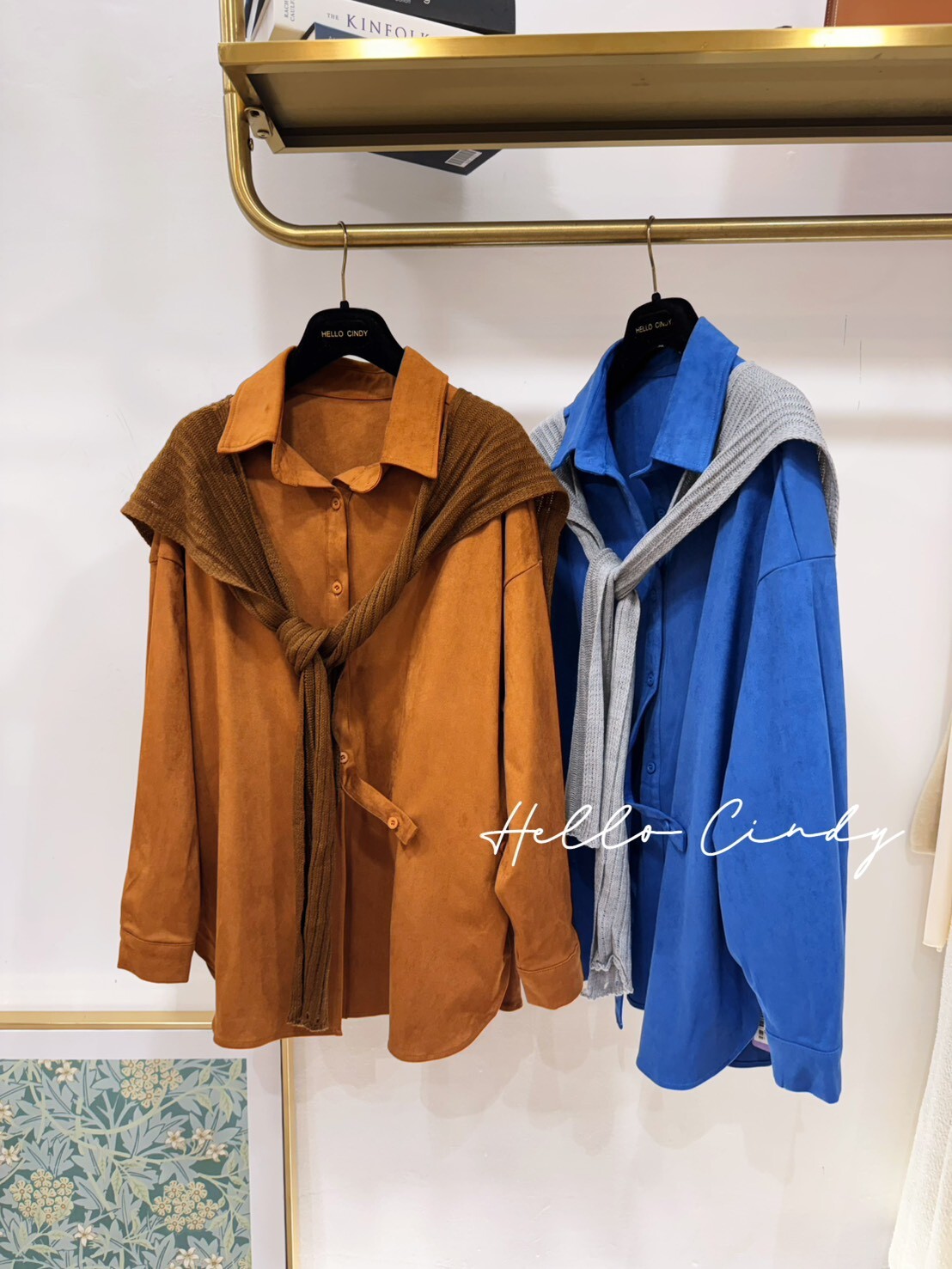 B01117 歐美感附針織披肩的麂皮感兩件式襯衫