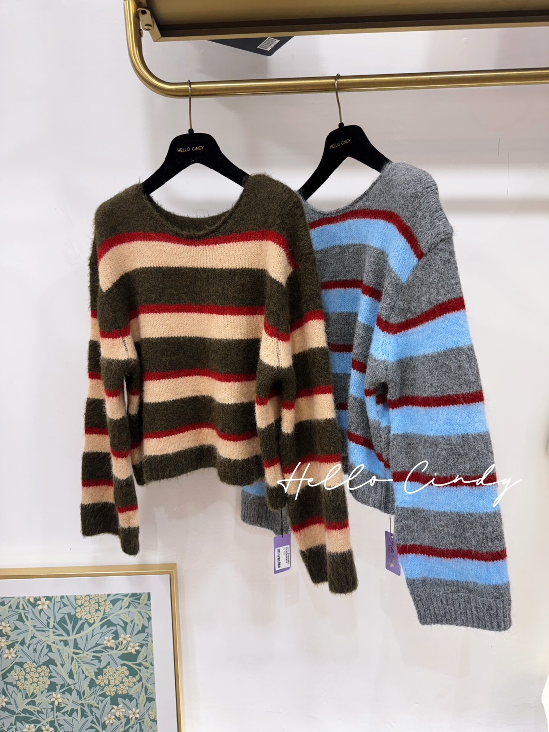 B01142 超可愛的撞色條紋毛海微短版針織毛衣