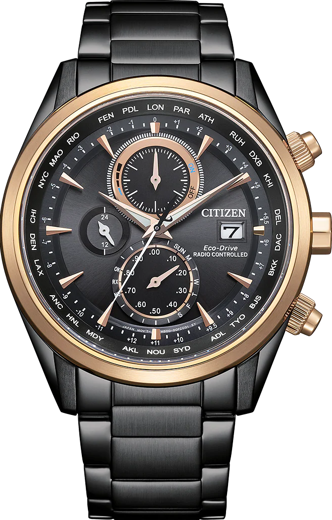 萬年鐘錶 - Citizen 星辰錶  經典商務全黑玫瑰金框光動能電波男錶 AT8268-83E 錶徑43MM