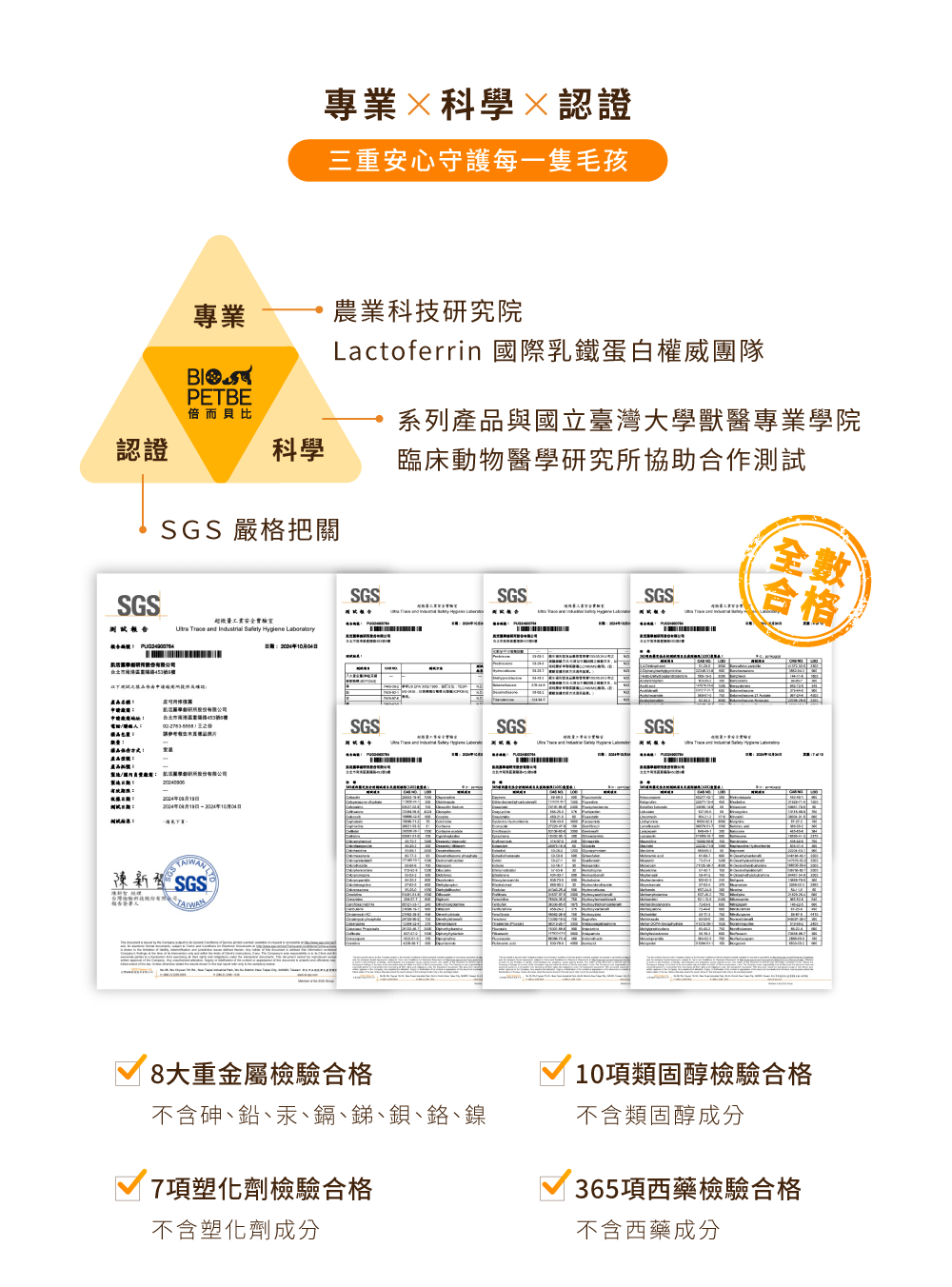 SGS 檢驗合格、不含刺激性成分、通過多項安全與品質測試、365項安全檢驗把關
