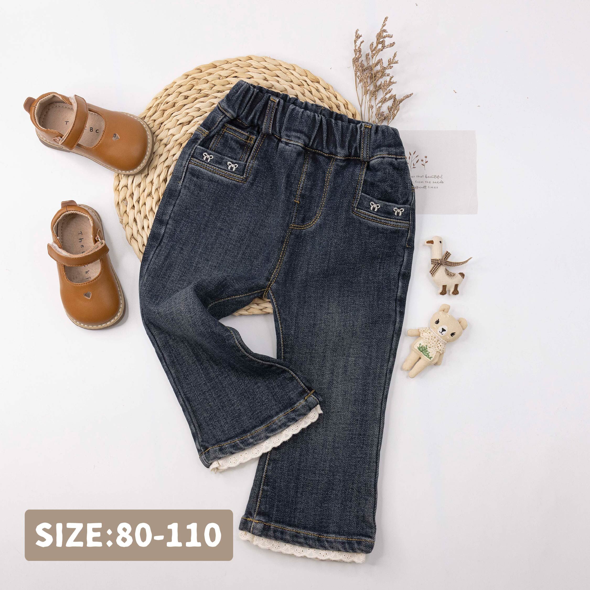 【H55900】氣質蝴蝶節刺繡內磨毛牛仔褲