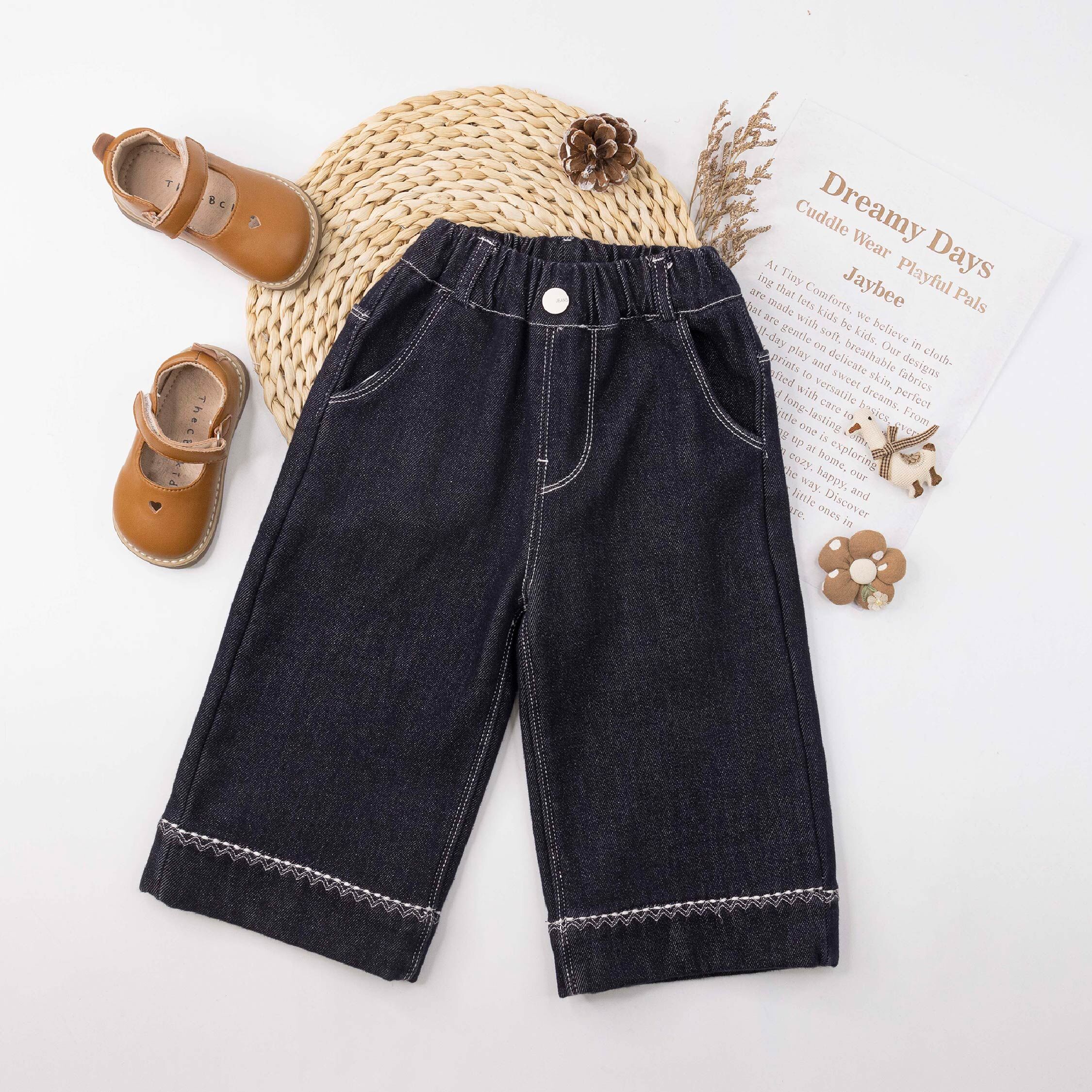 【H55890】質感波浪花紋刺繡內刷毛長褲