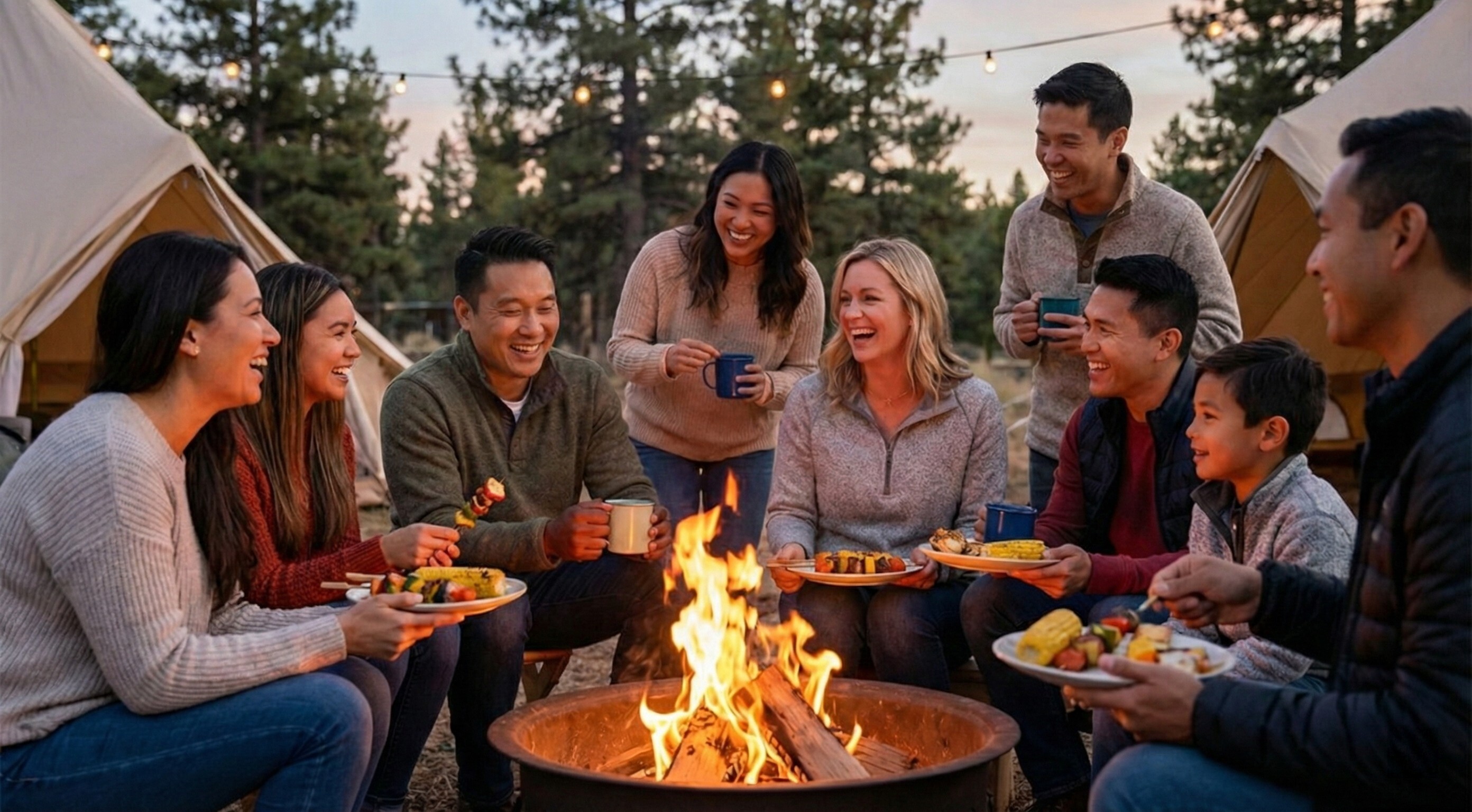 露營料理的人群。