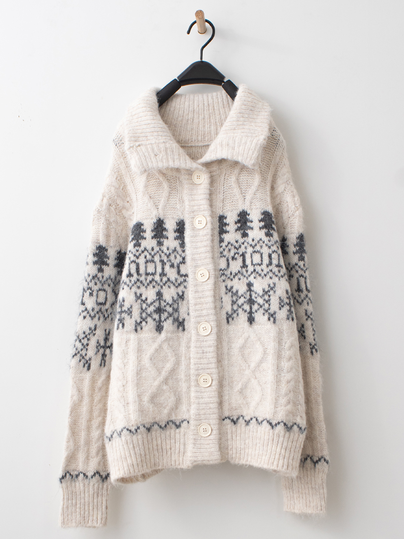 雪花圖騰粗針麻花翻領針織毛衣外套