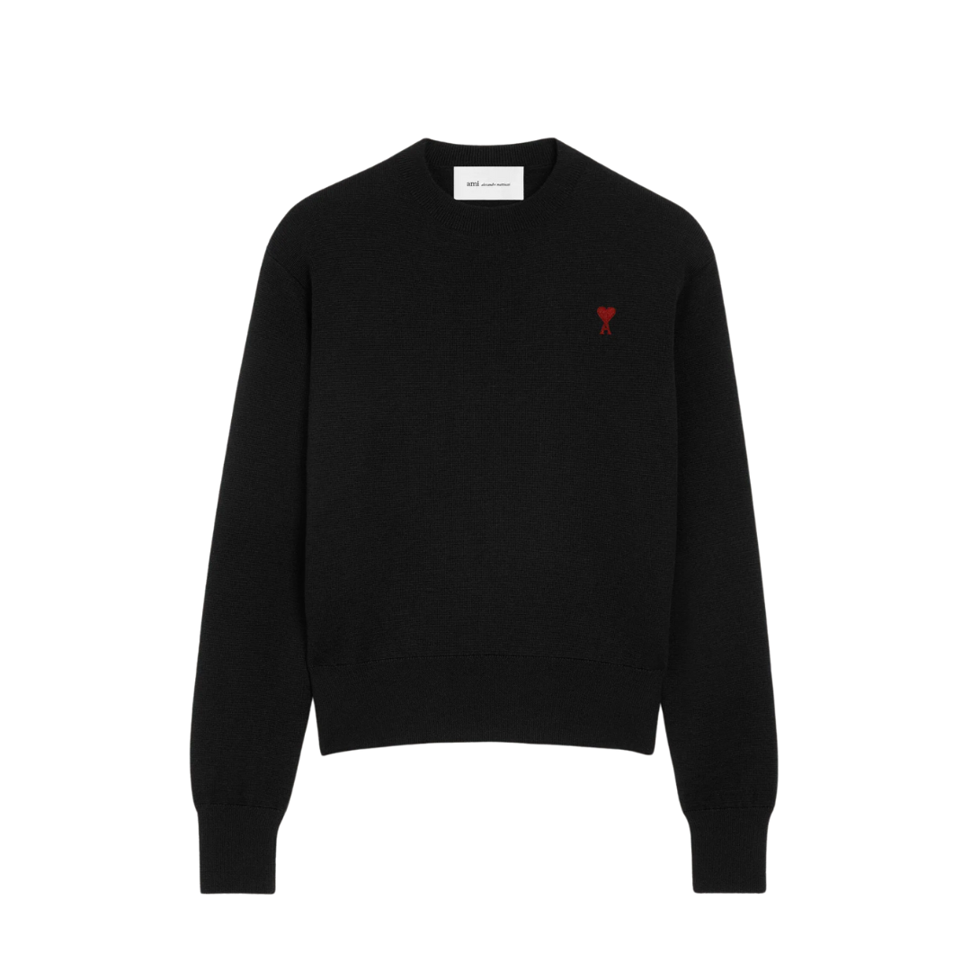 1FF0101-211 [AMI PARIS] Wool Crewneck Sweater With Contrasted Ami De Coeur Black (SS26) #HKS826.001.009 (C-EU-E)