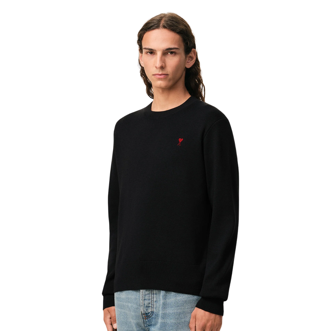 1FF0101-211 [AMI PARIS] Wool Crewneck Sweater With Contrasted Ami De Coeur Black (SS26) #HKS826.001.009 (C-EU-E)